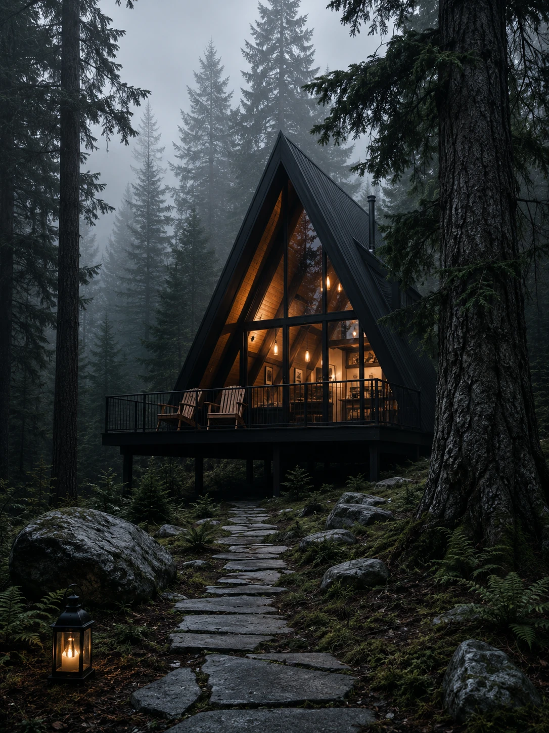 Modern A frame forest cabin glowing in misty evergreens