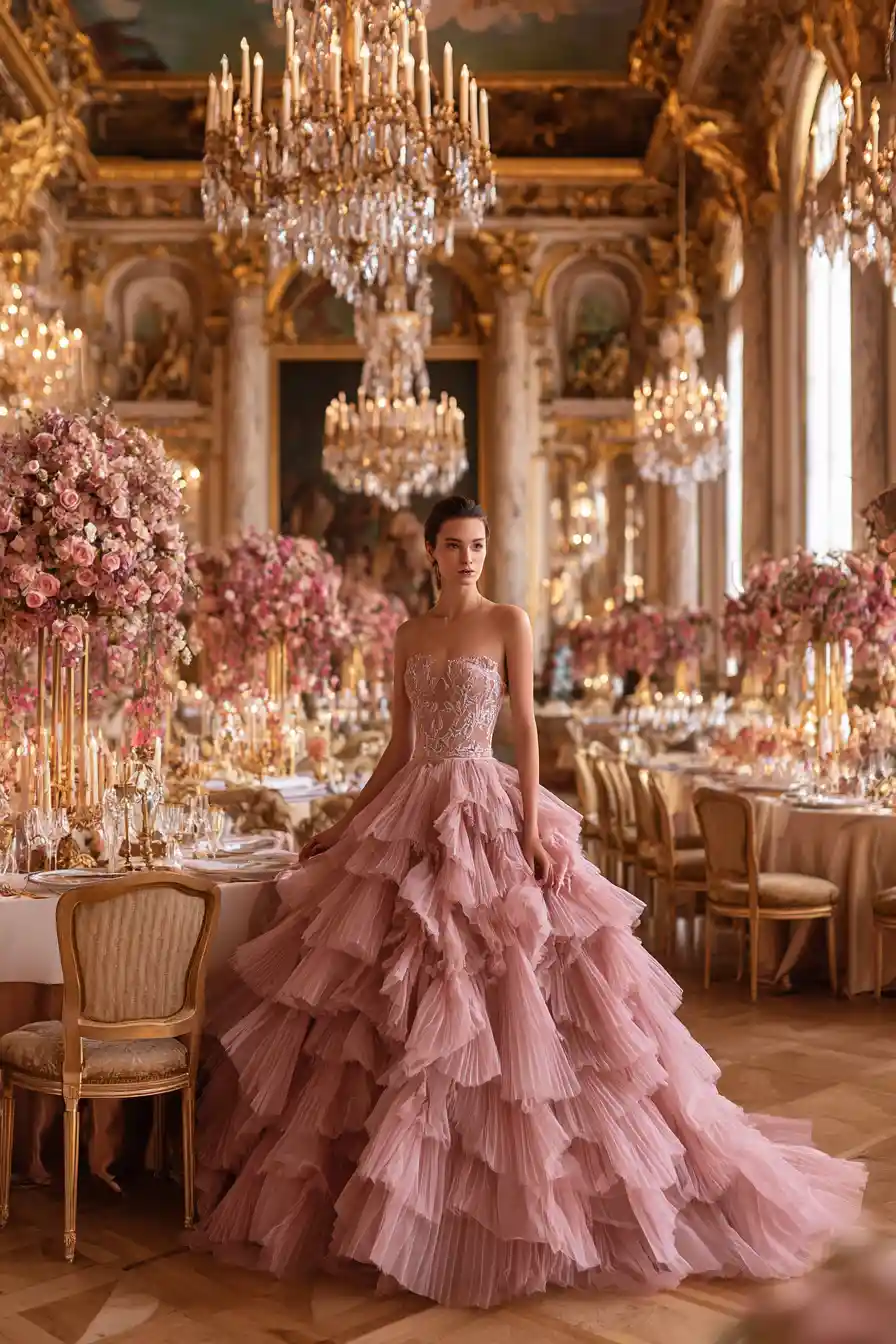 Elegant woman in pink ball gown in ornate golden ballroom