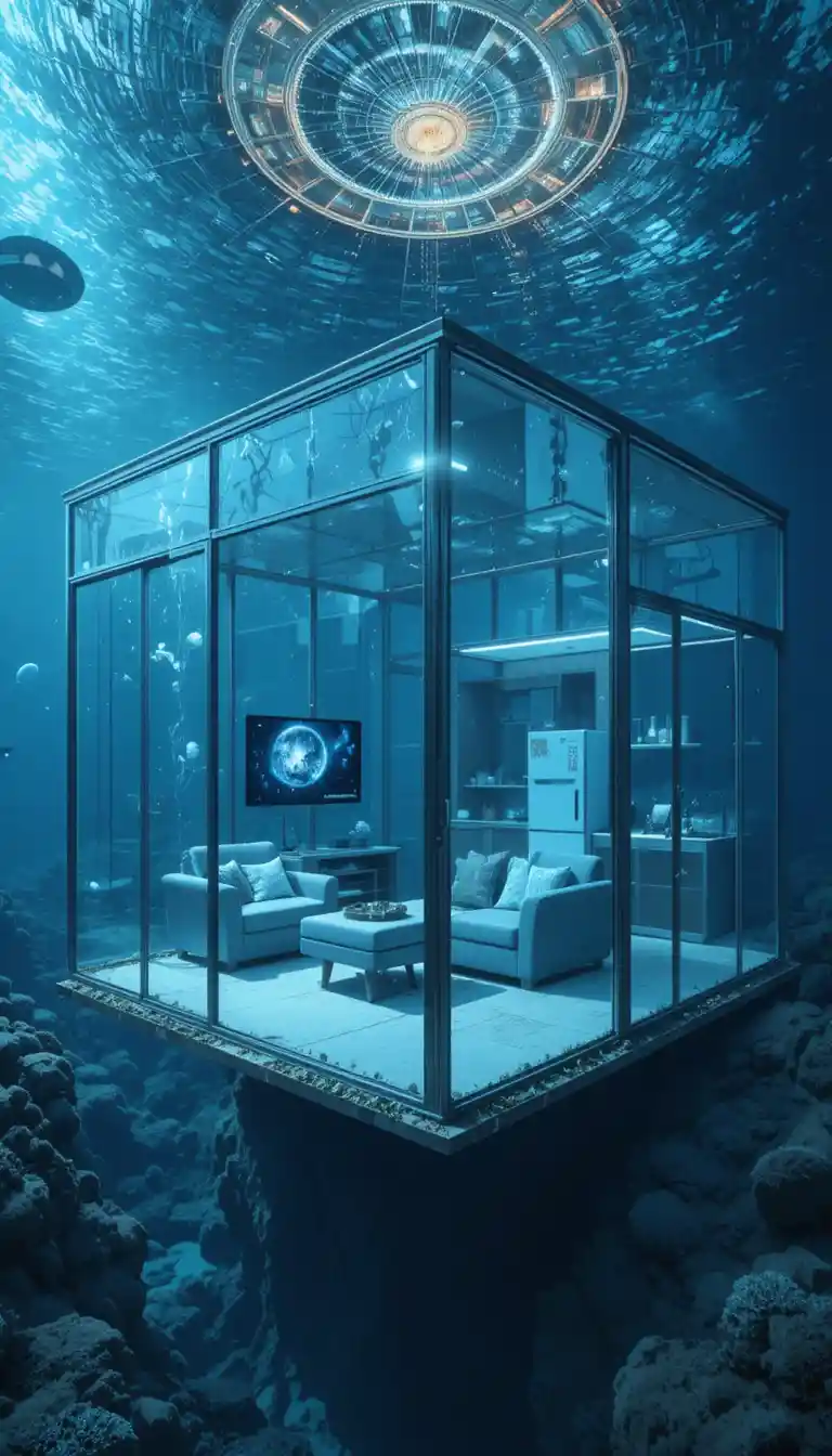 Underwater glass building interior with modern home furnishings
