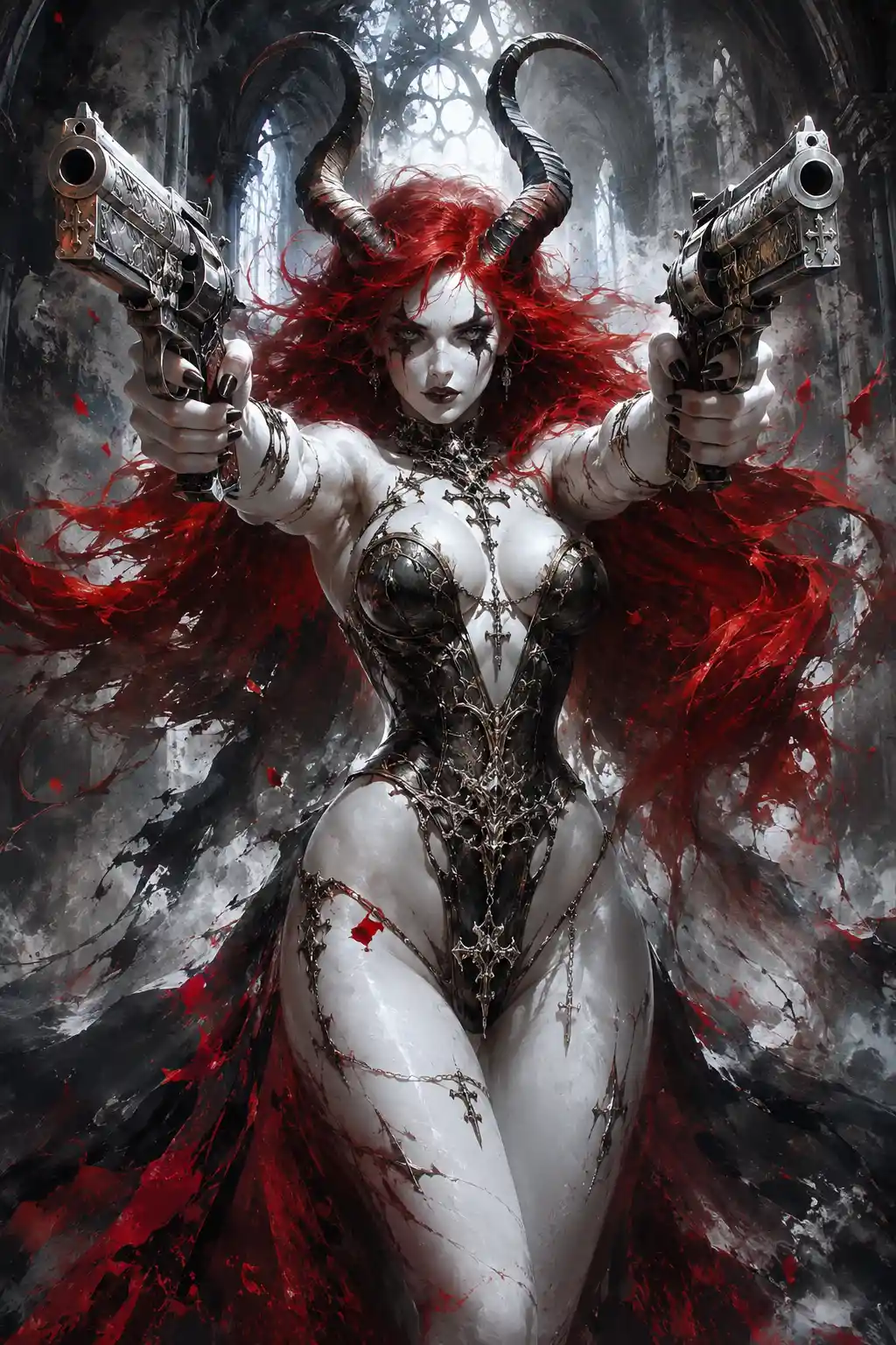 White skinned gothic succubus with guns in ruined cathedral
