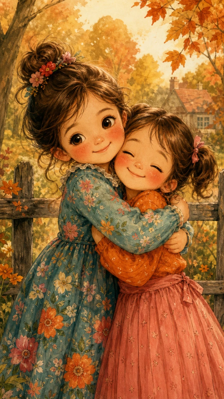 Two young girls sharing a warm autumn hug