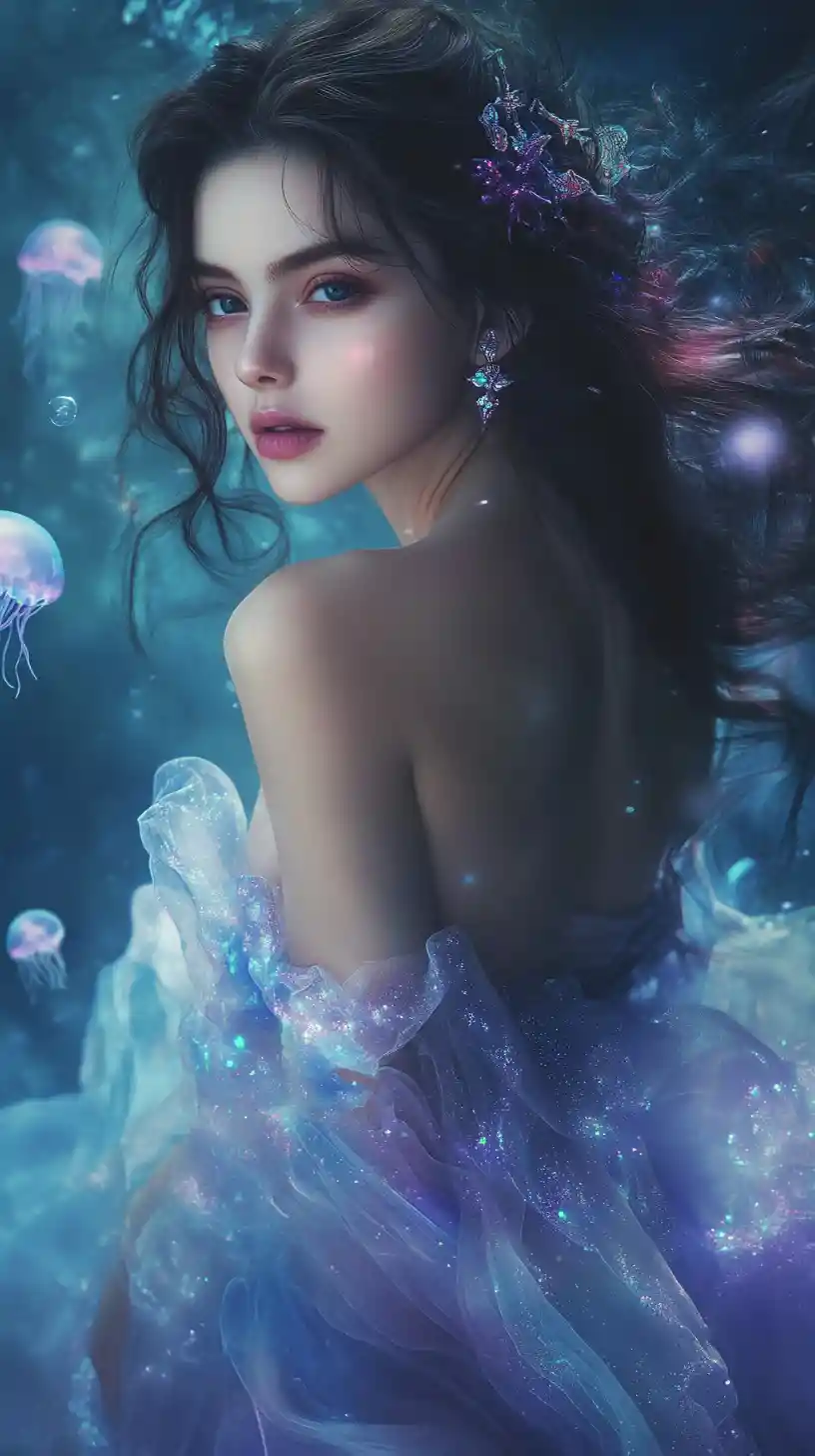 Elegant fantasy woman among glowing jellyfish ruins