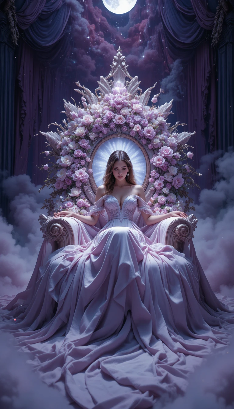 Elegant woman on a glowing lotus crystal throne in space