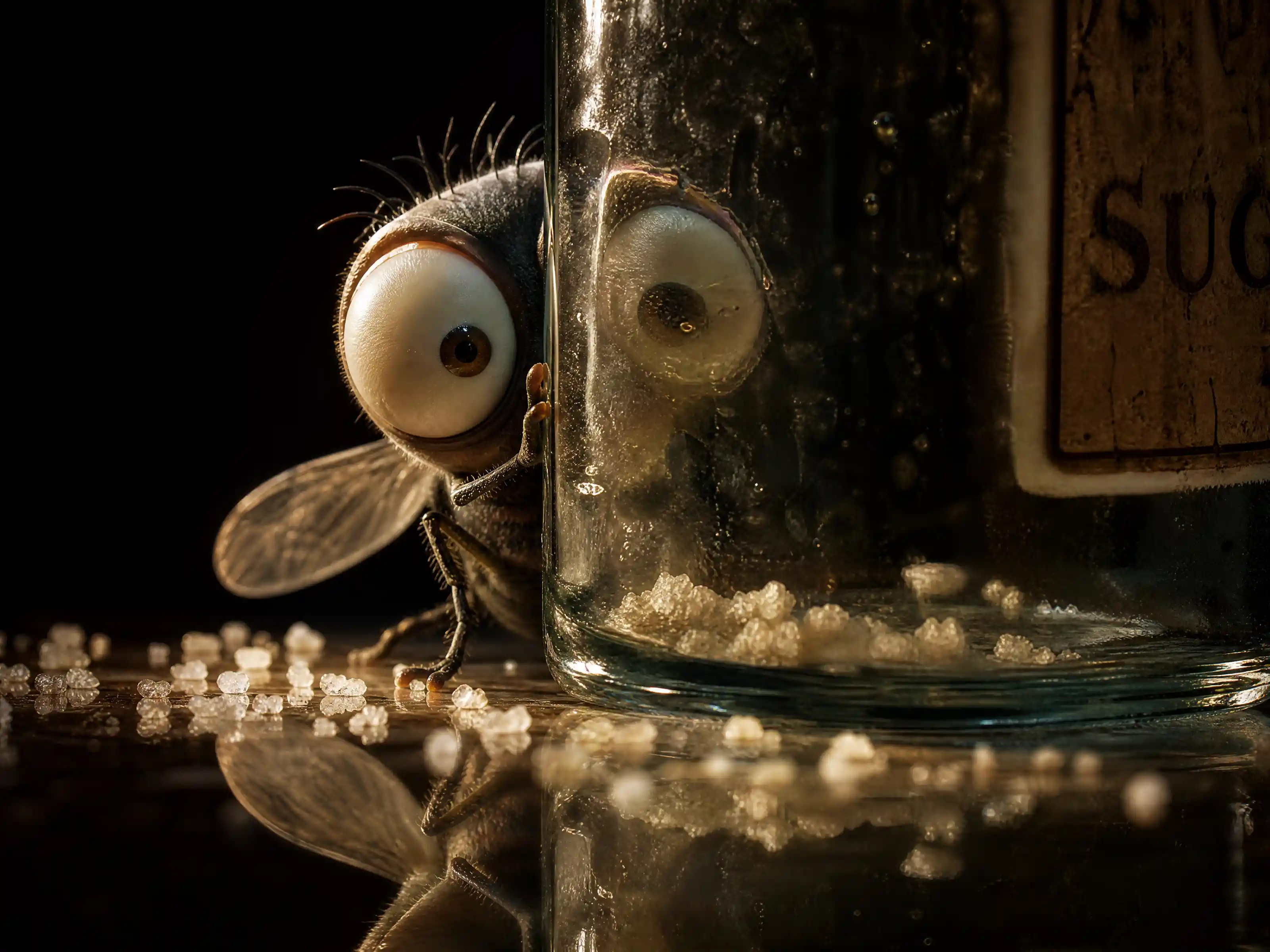 Cartoon fly peeking from behind a glass bottle