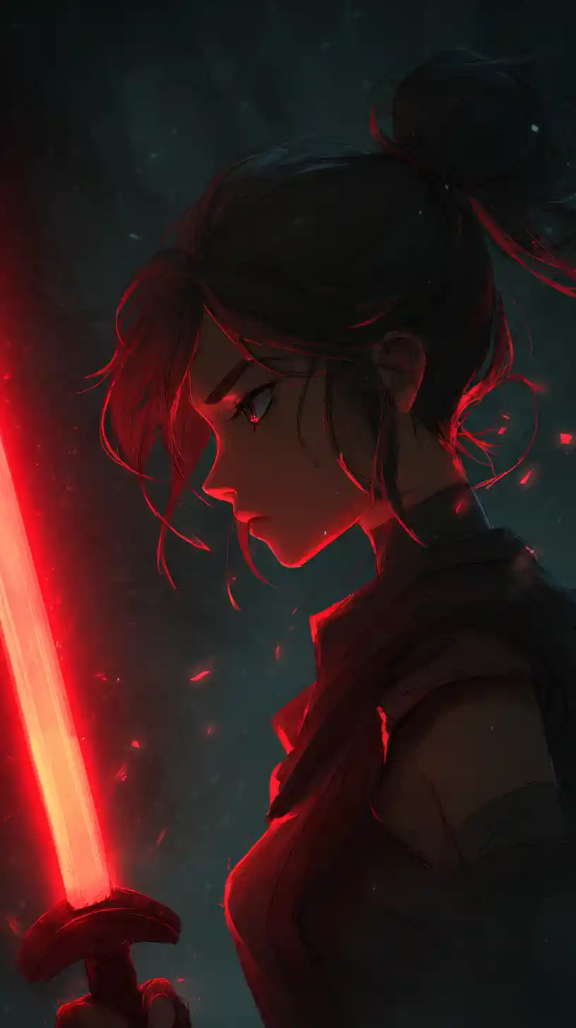 Anime warrior woman with glowing red katana in dark cave