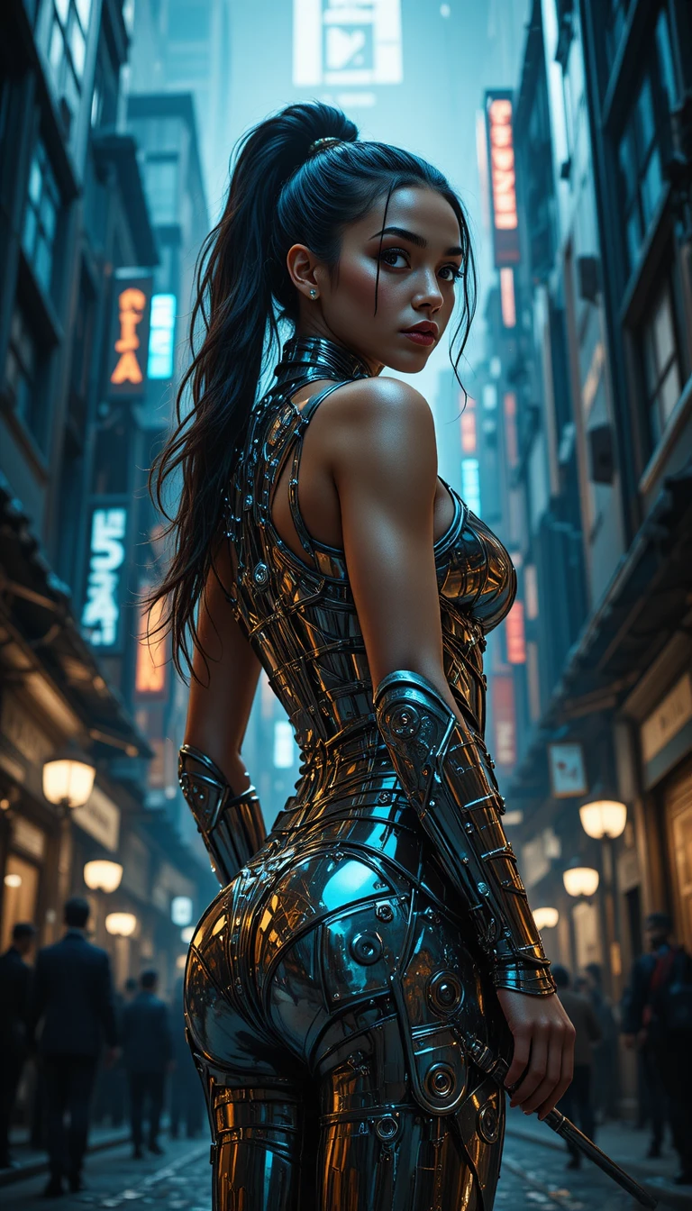 Latina-Fantasykriegerin in Rüstung mit Blick über eine düstere Stadt