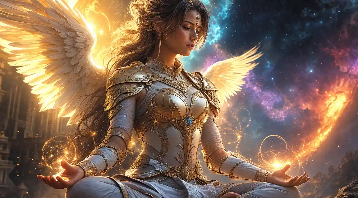 Winged female light warrior meditating in vibrant fantasy scene