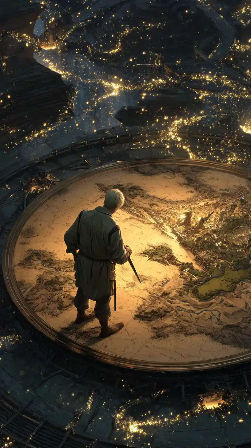 Cartografo visionario in un antico osservatorio con mappa celeste