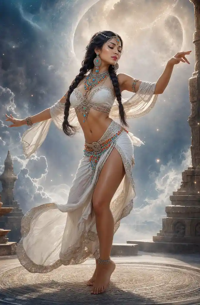 Dancing woman in white with braided hair and bold jewelry