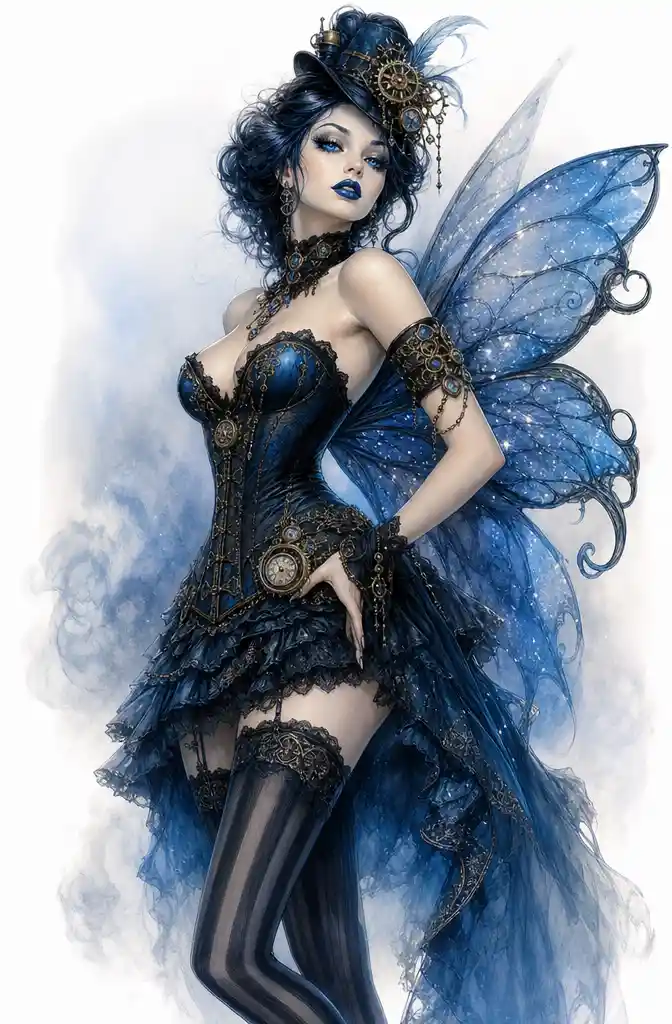 Steampunk pin up fairy with glittering wings and corset
