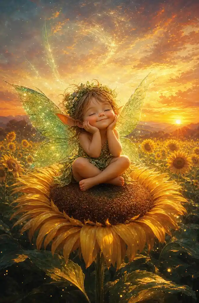 Cute fairy sitting cross legged on a sunflower at sunset