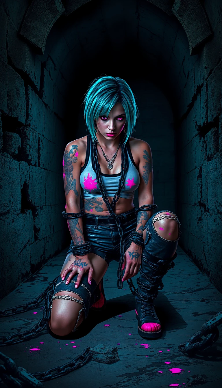 Fierce teal haired woman chained in a dim dungeon