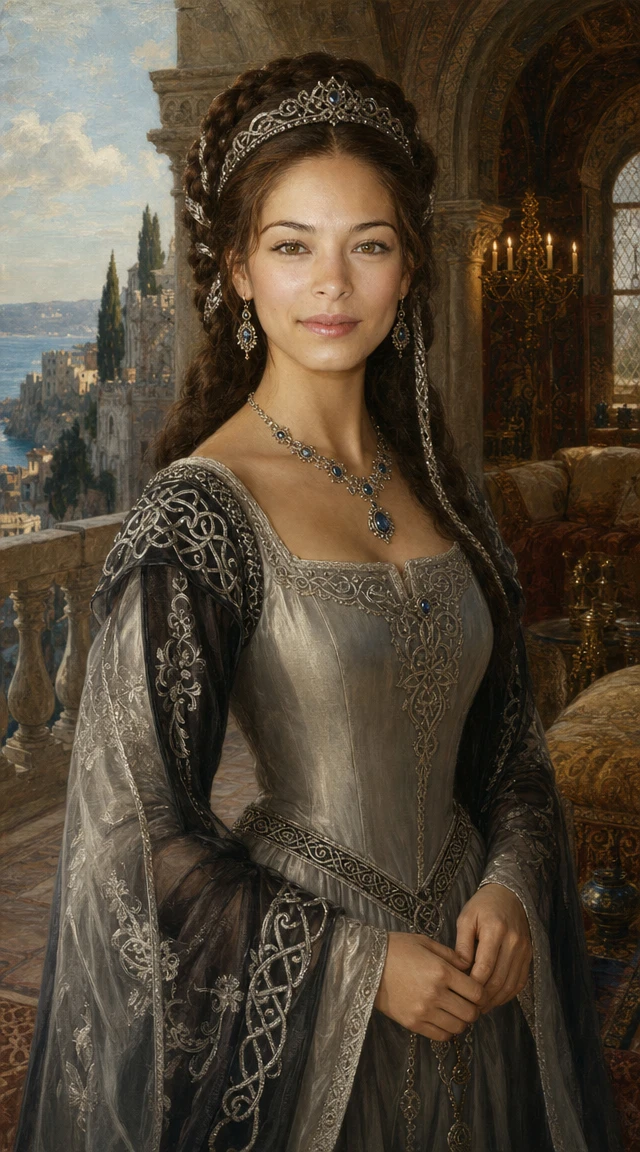 Elegant medieval woman on a castle terrace portrait
