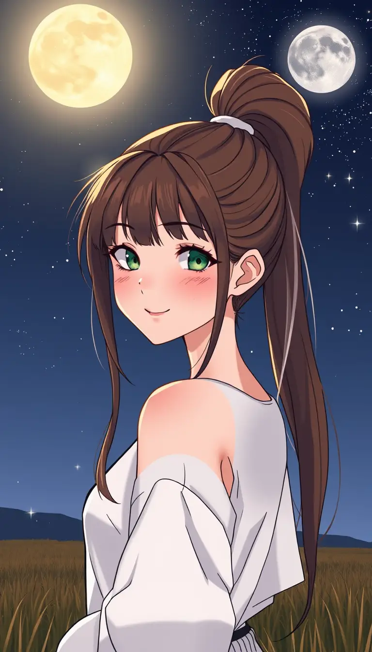 Confident girl in manhwa style under moonlit night sky