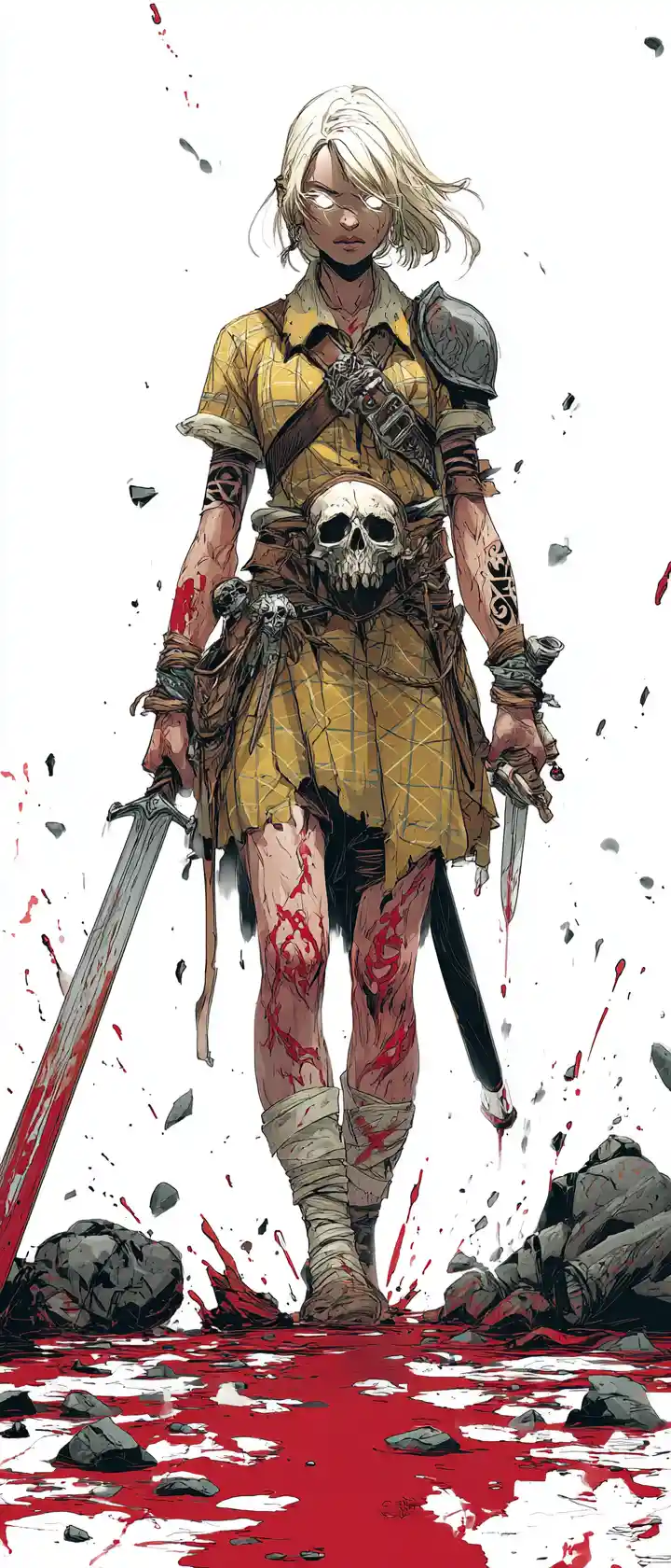 Pale female warrior with glowing eyes and stained sword