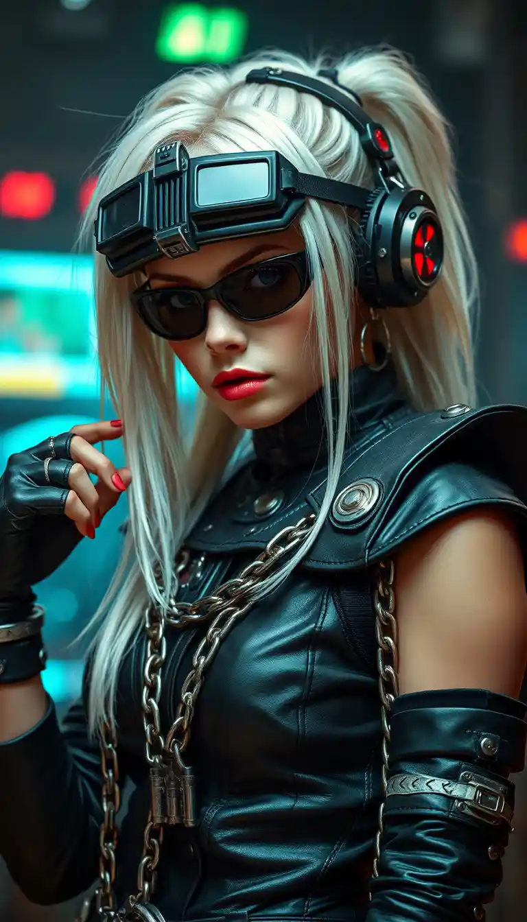Platinum haired cyber punk woman in black leather and chains