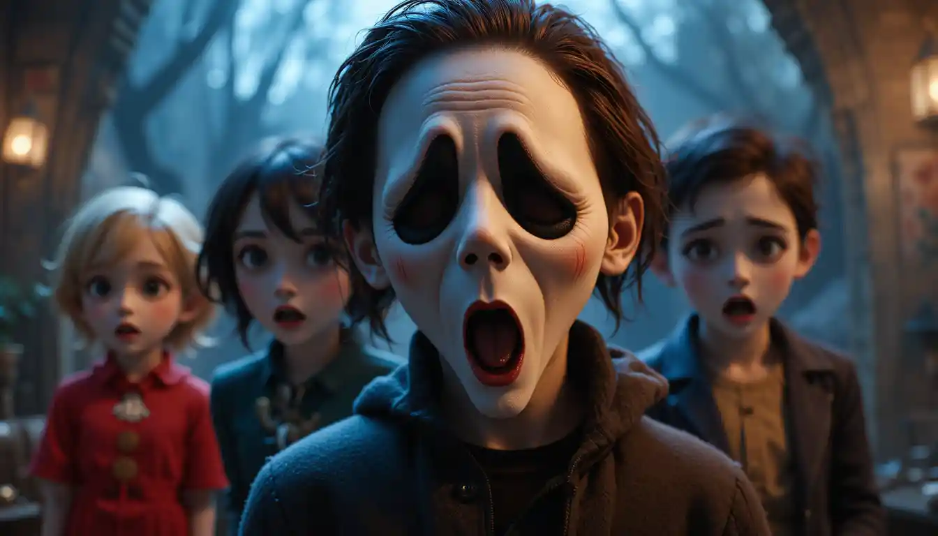 Pixar style clay masked killer inspired by scary movie scene