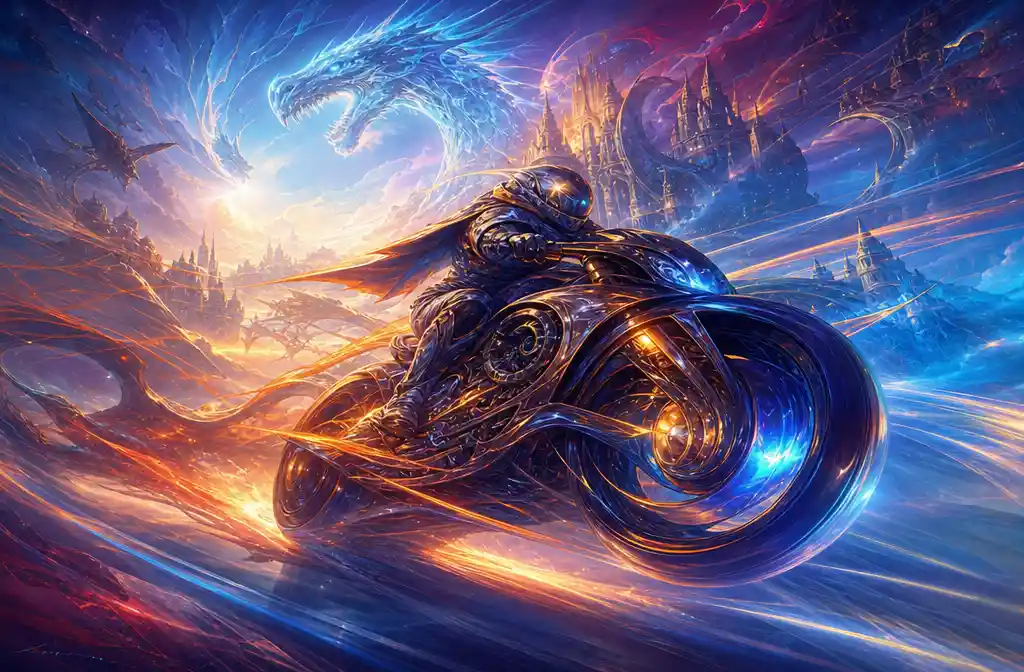 Futurist illustration of a speeding motorcycle with dynamic lines