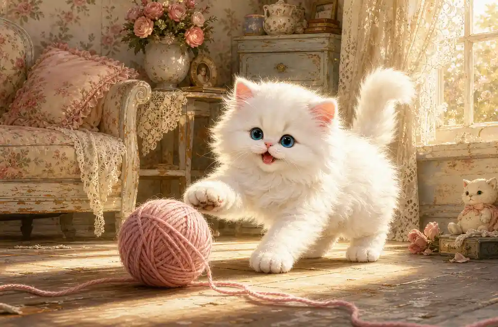 White persian kitten playing with yarn in cozy living room