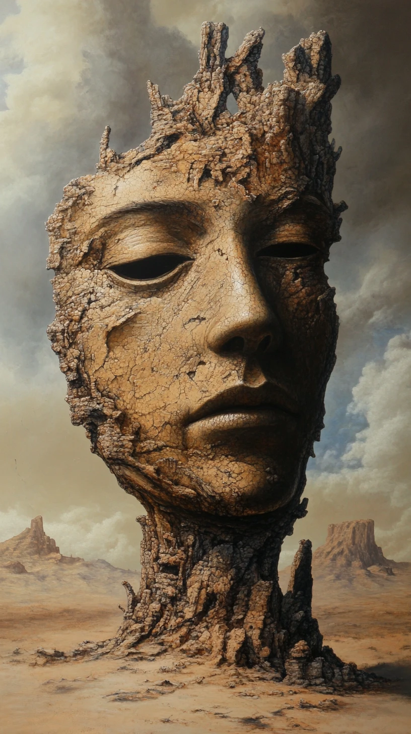 Faceless figure standing alone in a quiet desert oasis