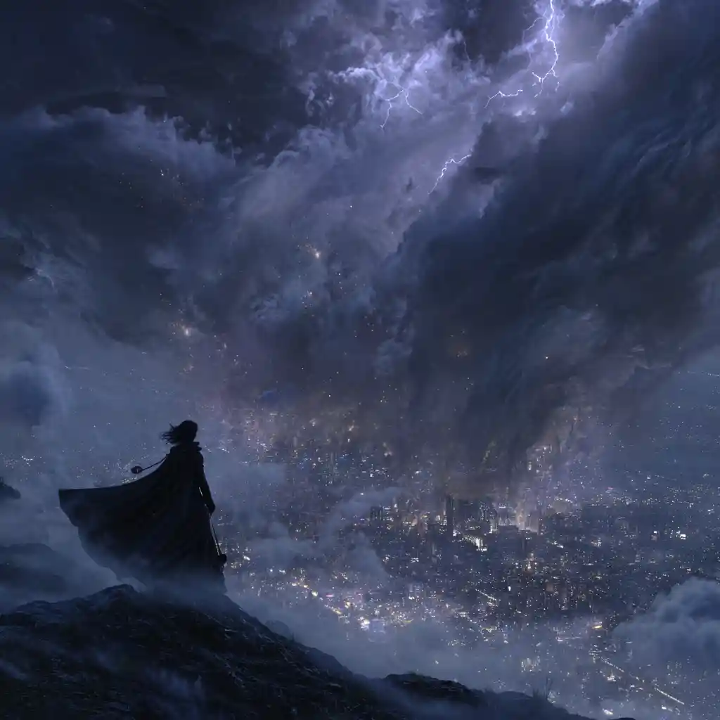 Steampunk sorceress atop a storm swept mountain at dusk