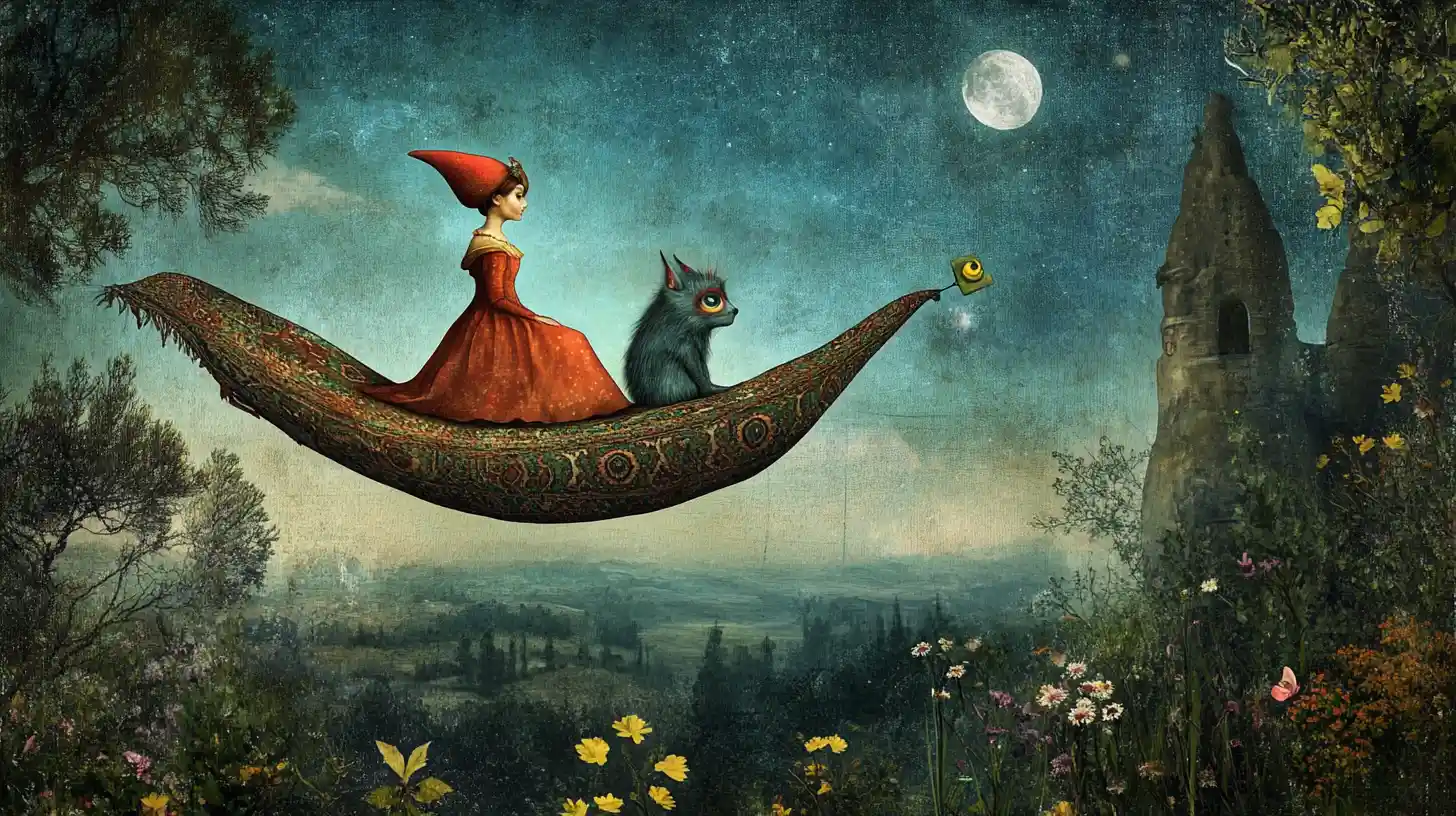 Woman on flying carpet gazing down at forest clearing