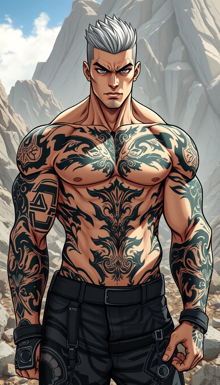 Defiant muscular man with tattoos in rocky sunlight scene