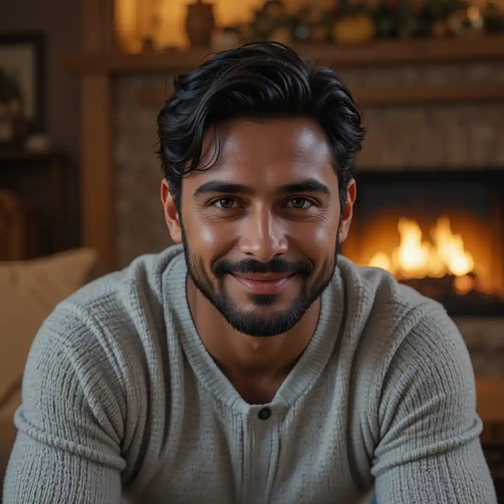 Middle aged man relaxing by a glowing fireplace