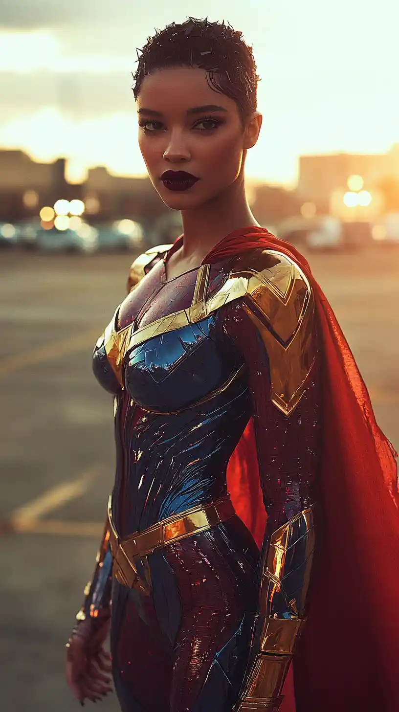 Superhero inspired fashion woman in urban parking lot