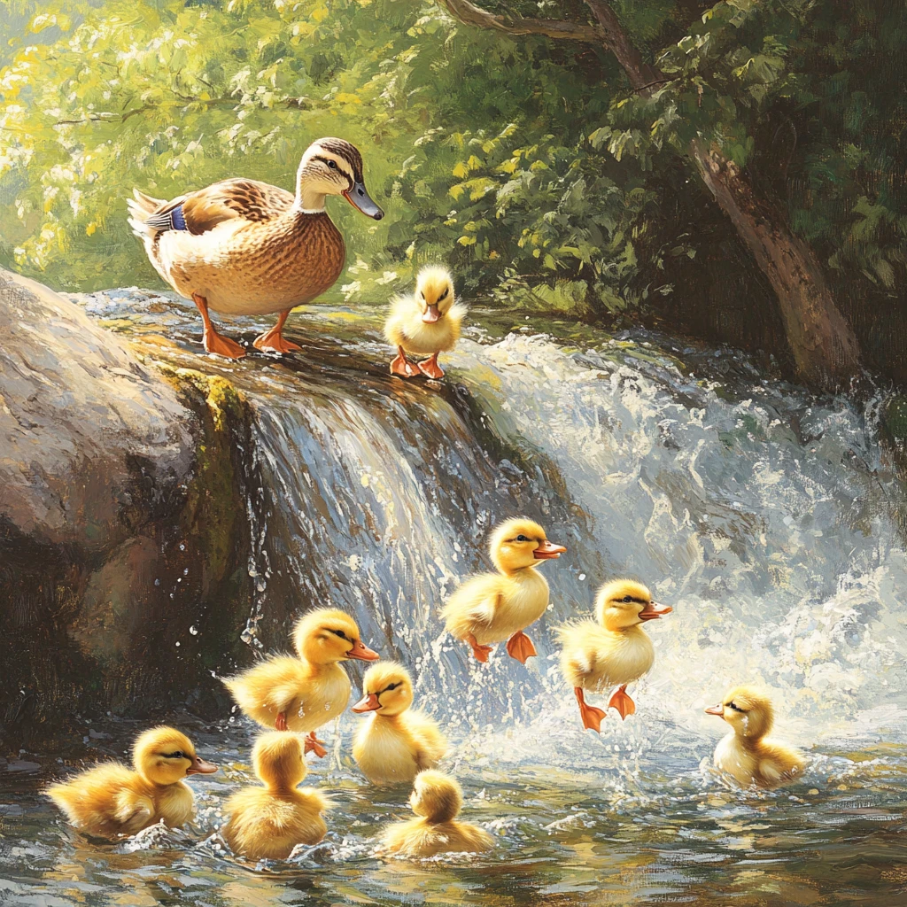 Mother duck watching playful ducklings in a calm river