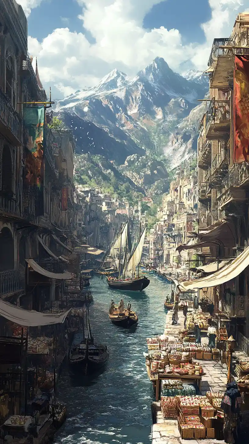 Anime Arab city street with canal boats and stalls