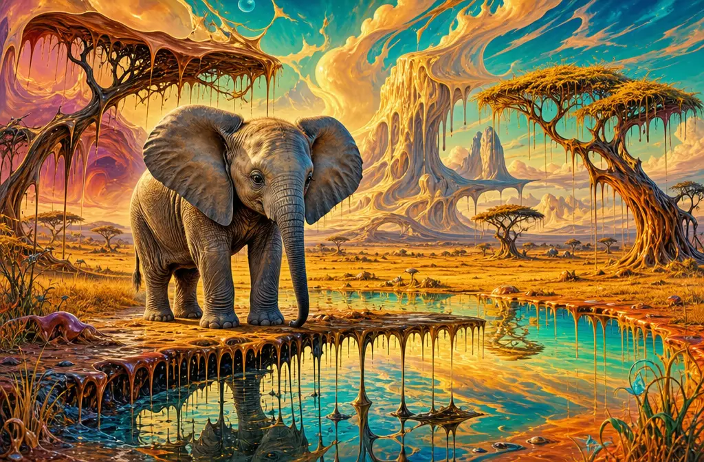 Surreal baby elephant by a melting savanna watering hole