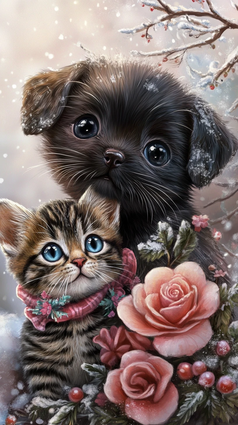 Playful puppy and kitten in a bright snowy fantasy scene