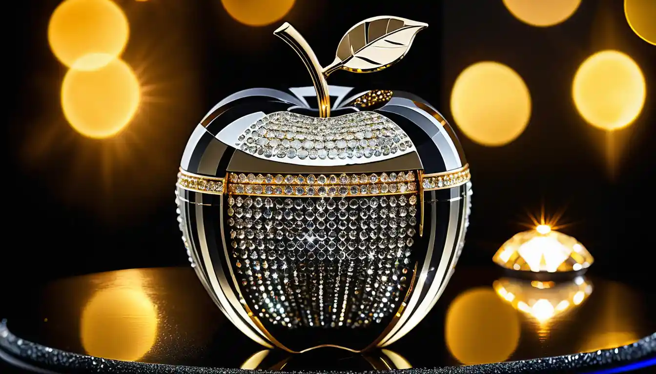 Luxury crystal apple centerpiece with diamonds on black velvet