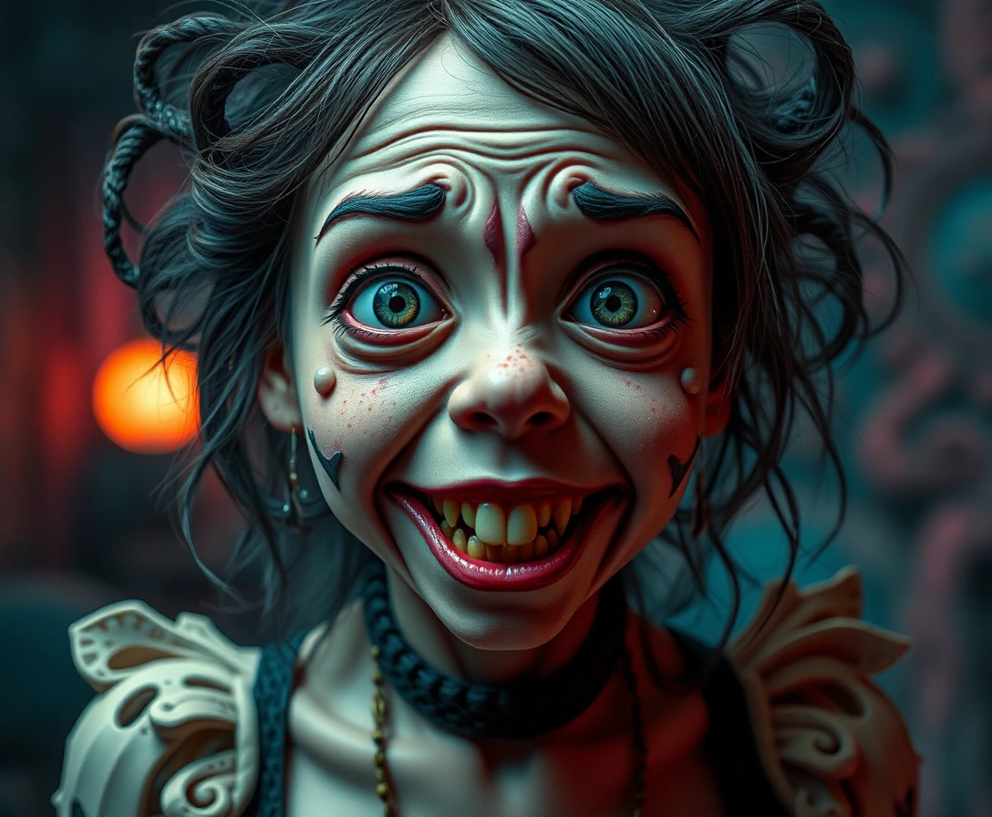 Surreal close up woman in a whimsical dreamlike nightmare