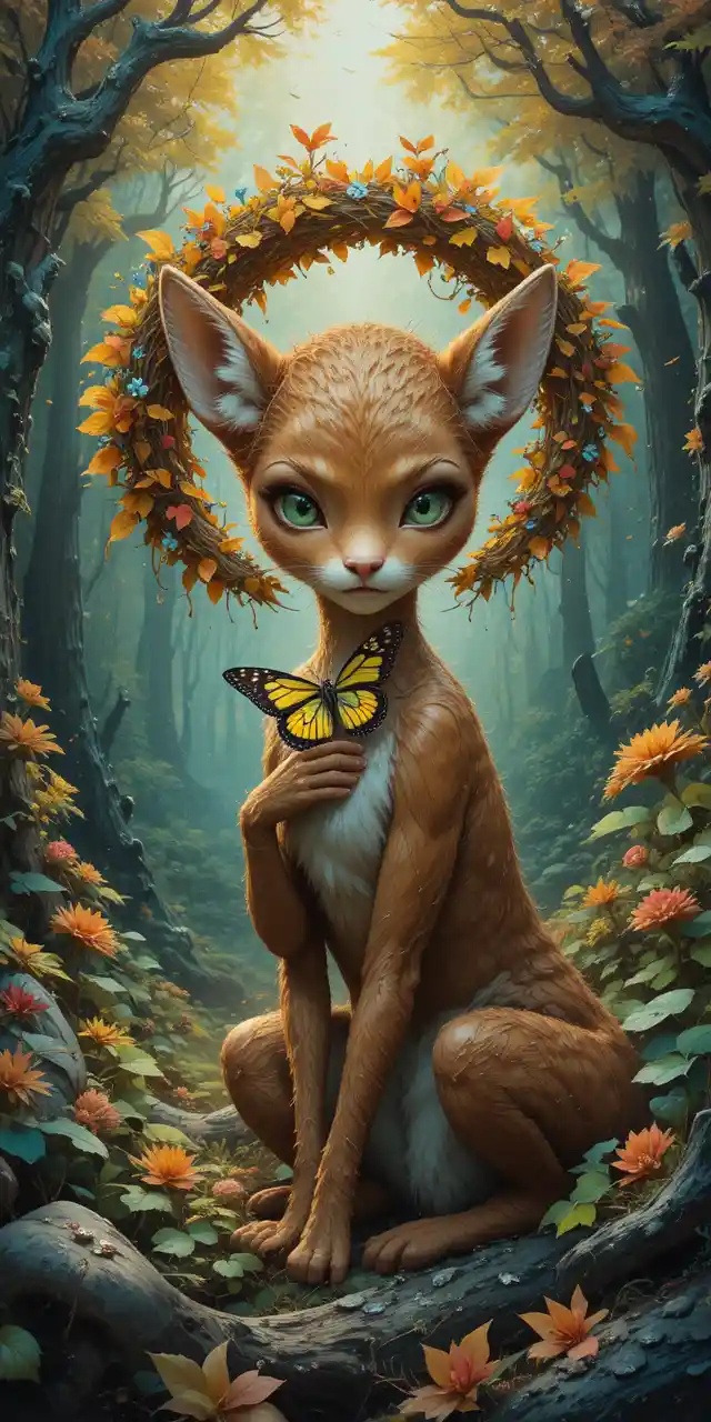 Anthropomorphic deer girl holding a glowing butterfly in forest