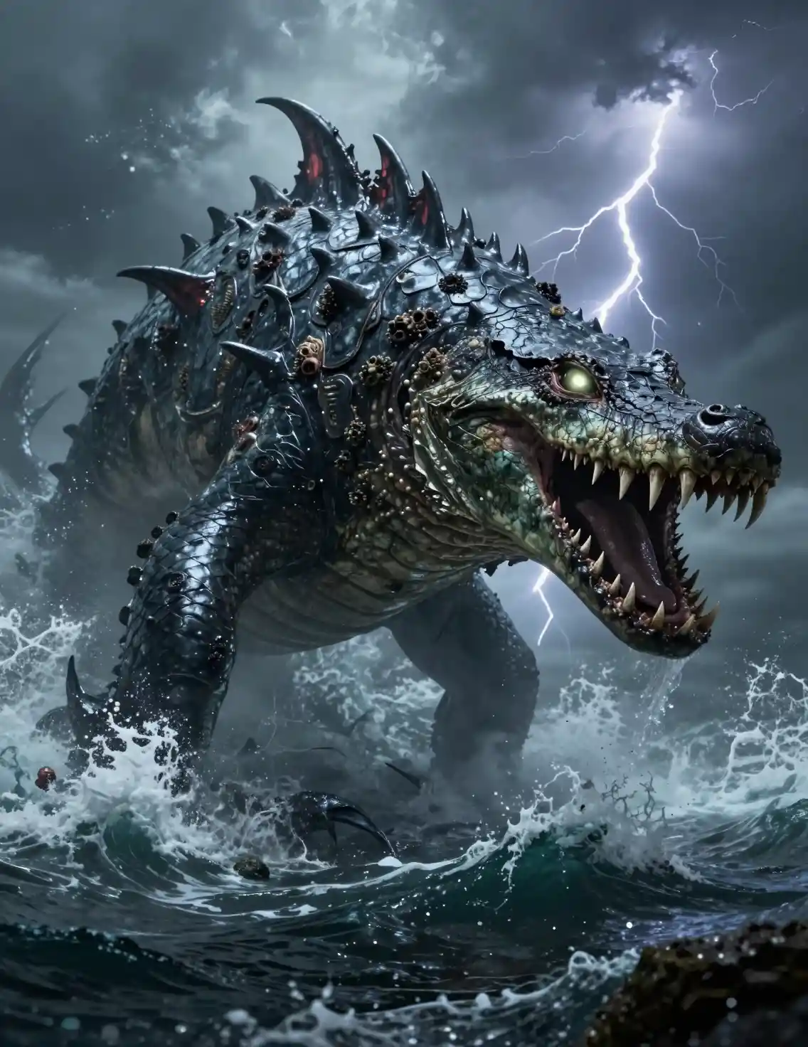 Mythic sea monster rising from a stormy abyssal ocean