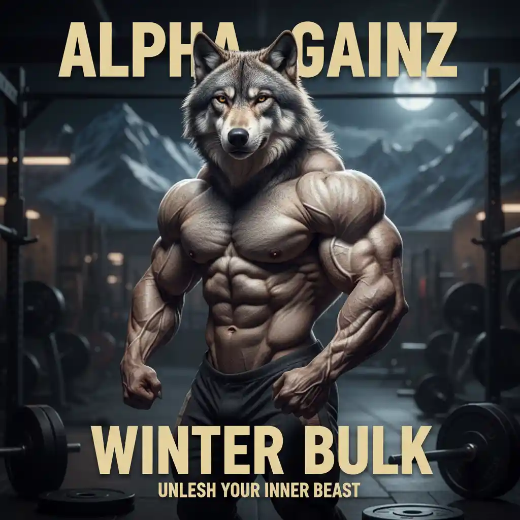 Muscular wolf flexing proudly in a dim gym setting