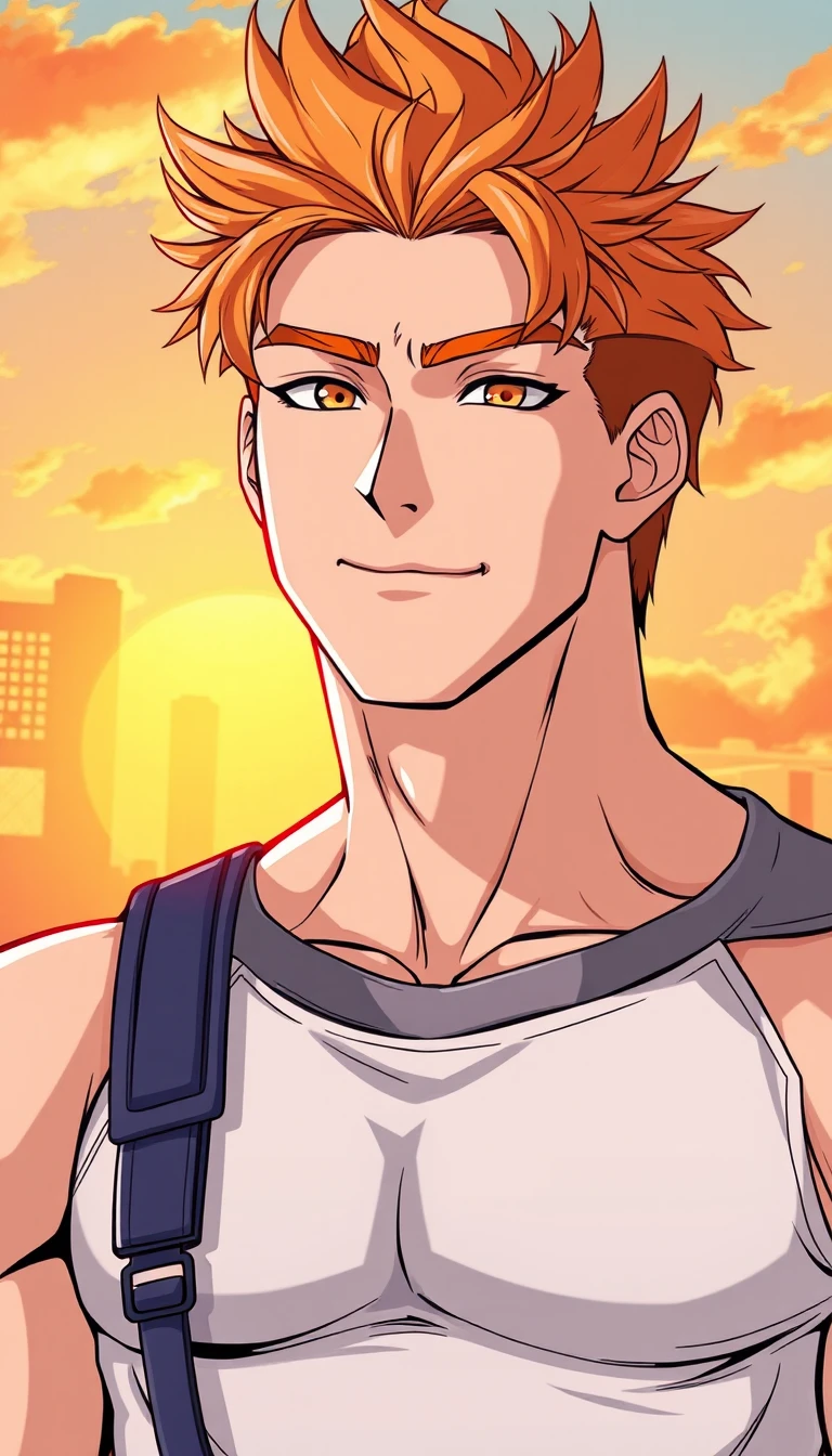Confident orange haired man standing in sunset sunlight