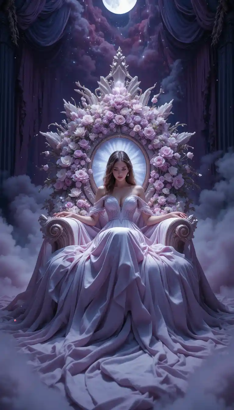 Elegant woman on a glowing lotus crystal throne in space