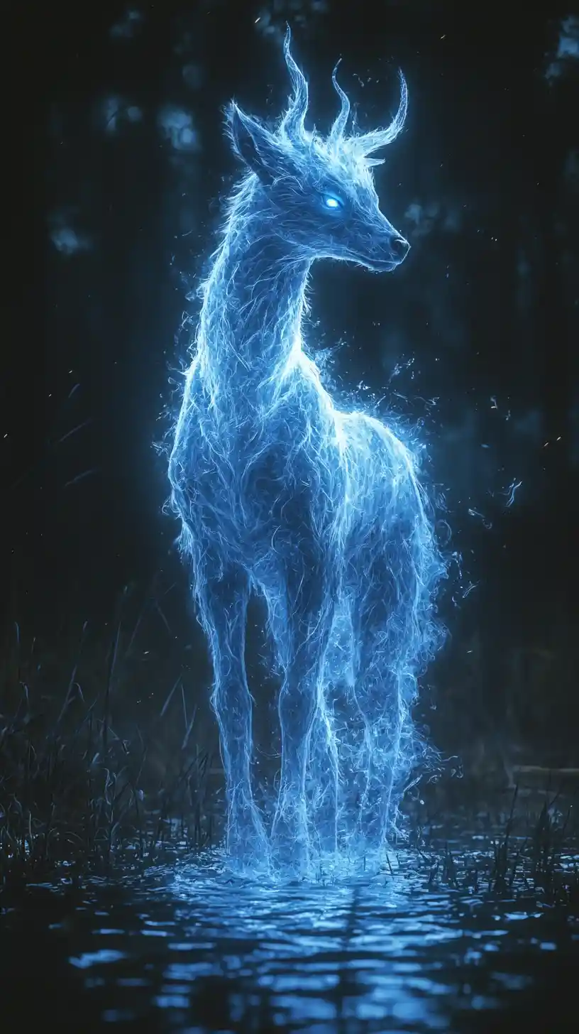 Blue elemental creature rising from dark eerie wetlands