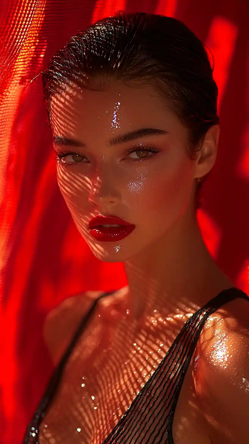 Confident beauty portrait with wet hair and bold lip