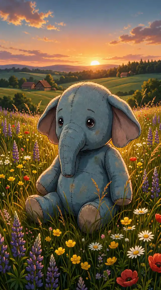 Stuffed animal in a wildflower meadow at golden sunset