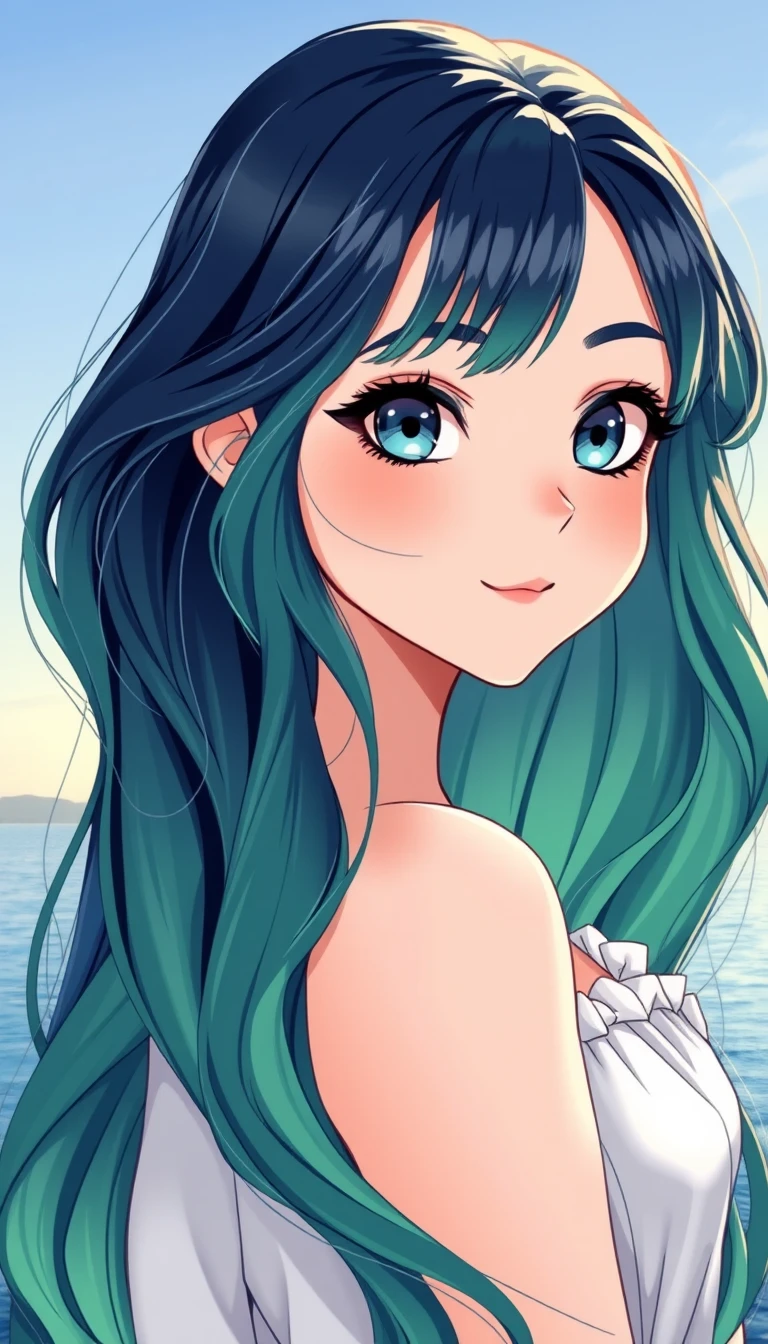Serene boho girl by the water at dawn