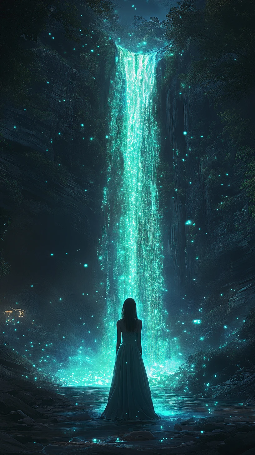 Woman in dress before a glowing waterfall in dark forest