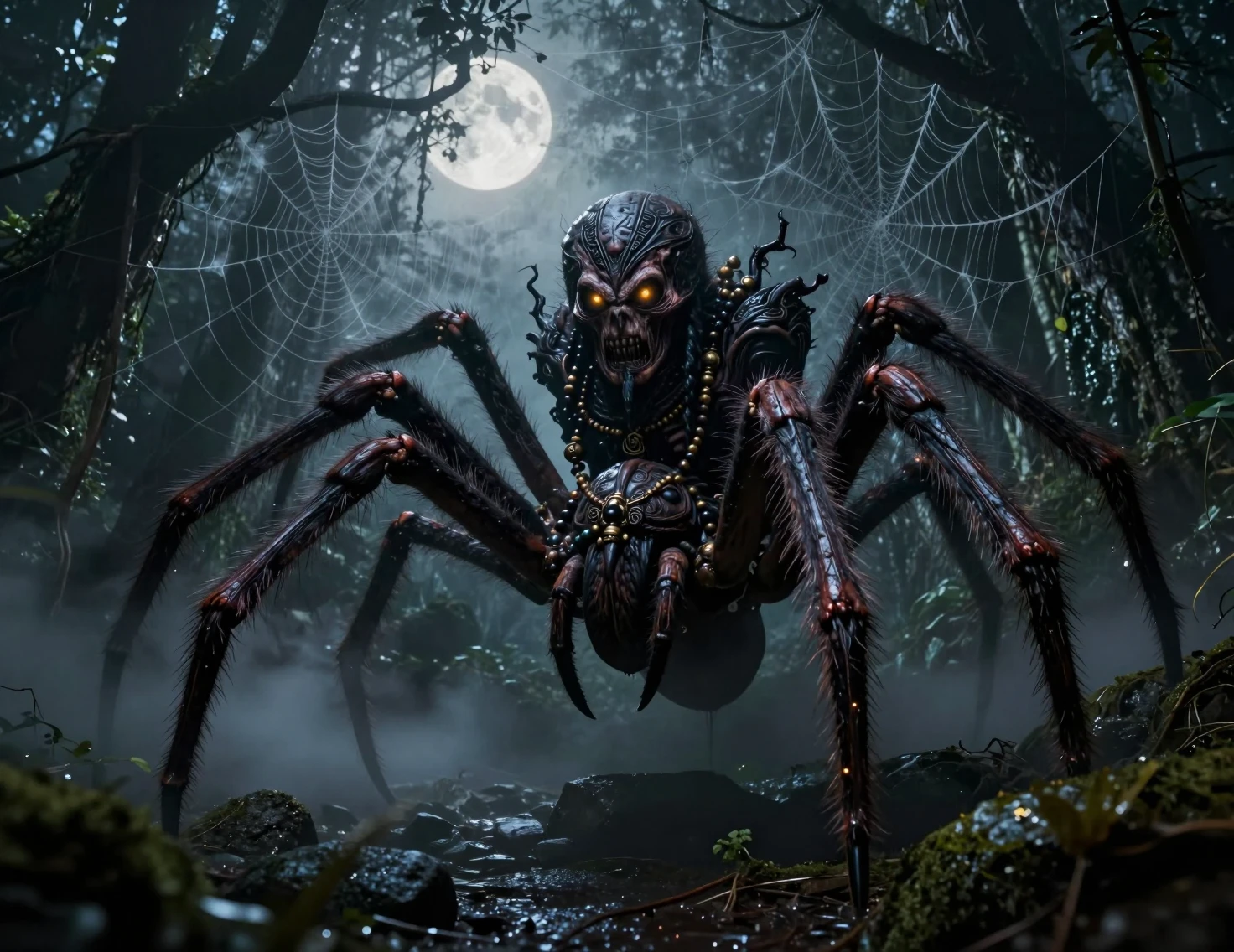 Terrifying Spider Monster Looming In A Moonlit Jungle