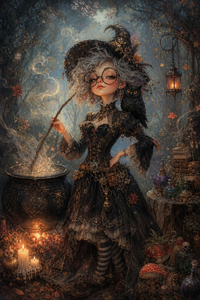 Whimsical young fairy witch in an enchanted autumn forest