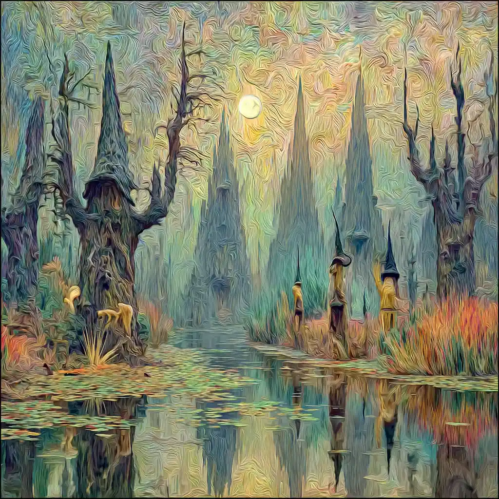 Surreal creatures in a misty primordial swamp landscape