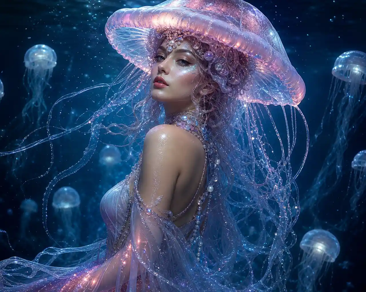 Glamorous jellyfish woman with shimmering underwater hat