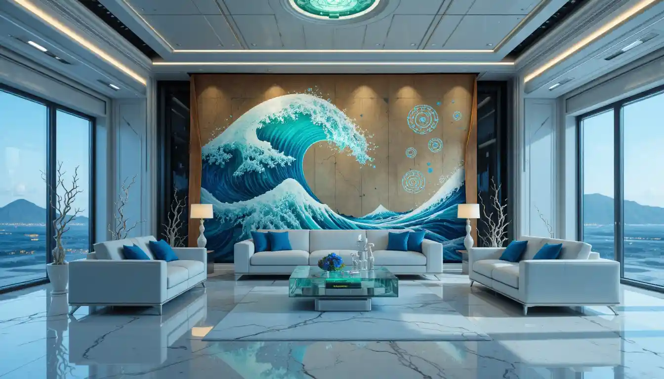 Futuristic living room with luminous 3D ocean wave mural